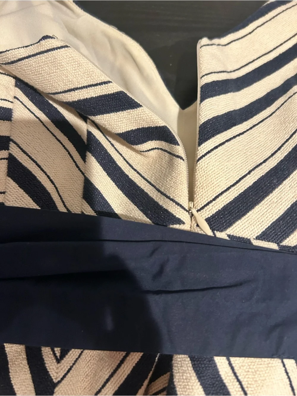 Striped V-Neck Peplum Top with Navy Waist Tie
